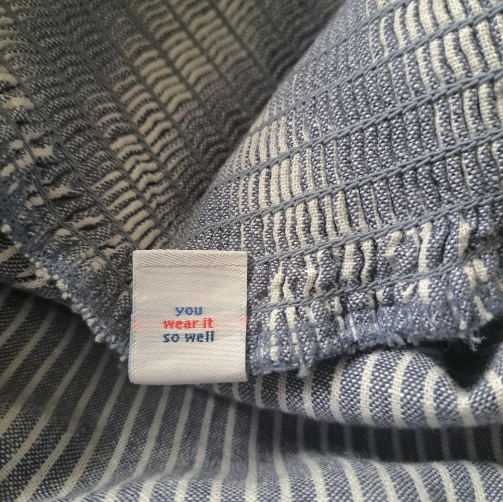 LINEN BLEND wide leg ankle jumper romper one piece stripe smocked coastal Sz L - Picture 6 of 7